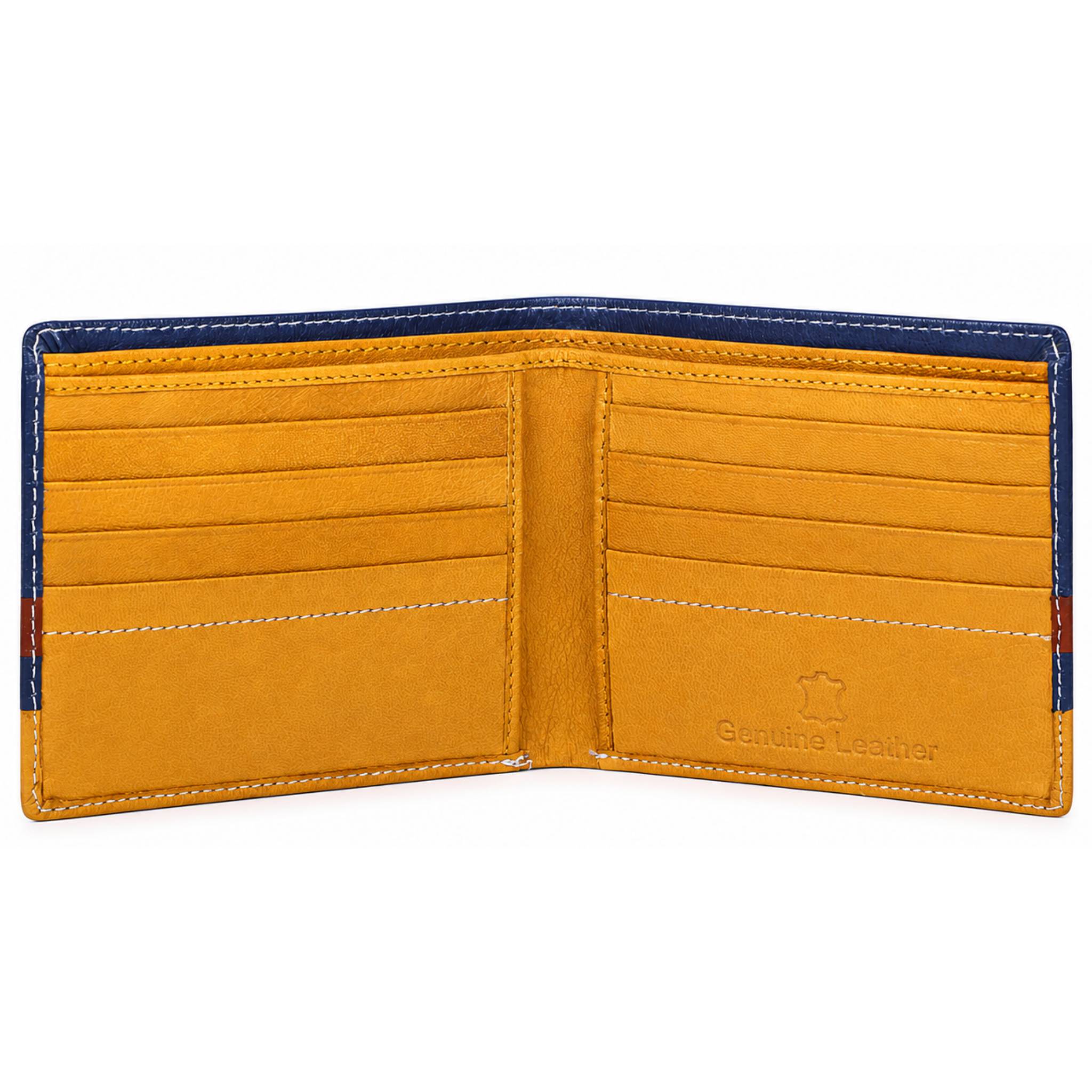 Deeuco men's dual tone genuine leather bifold wallet with yellow interior and navy blue border
