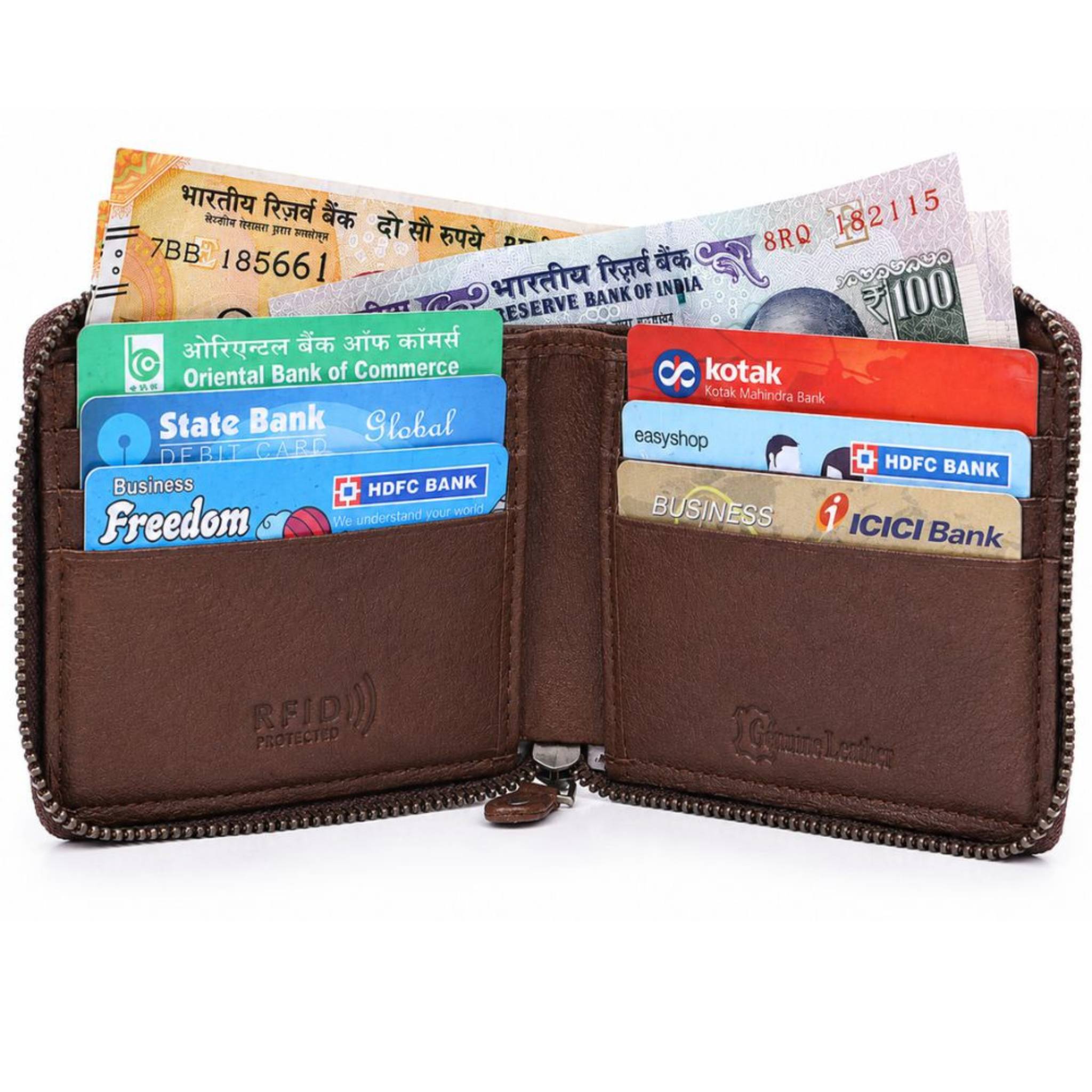 Deeuco brown genuine leather wallet for men featuring multiple interior card sections and zipper pocket