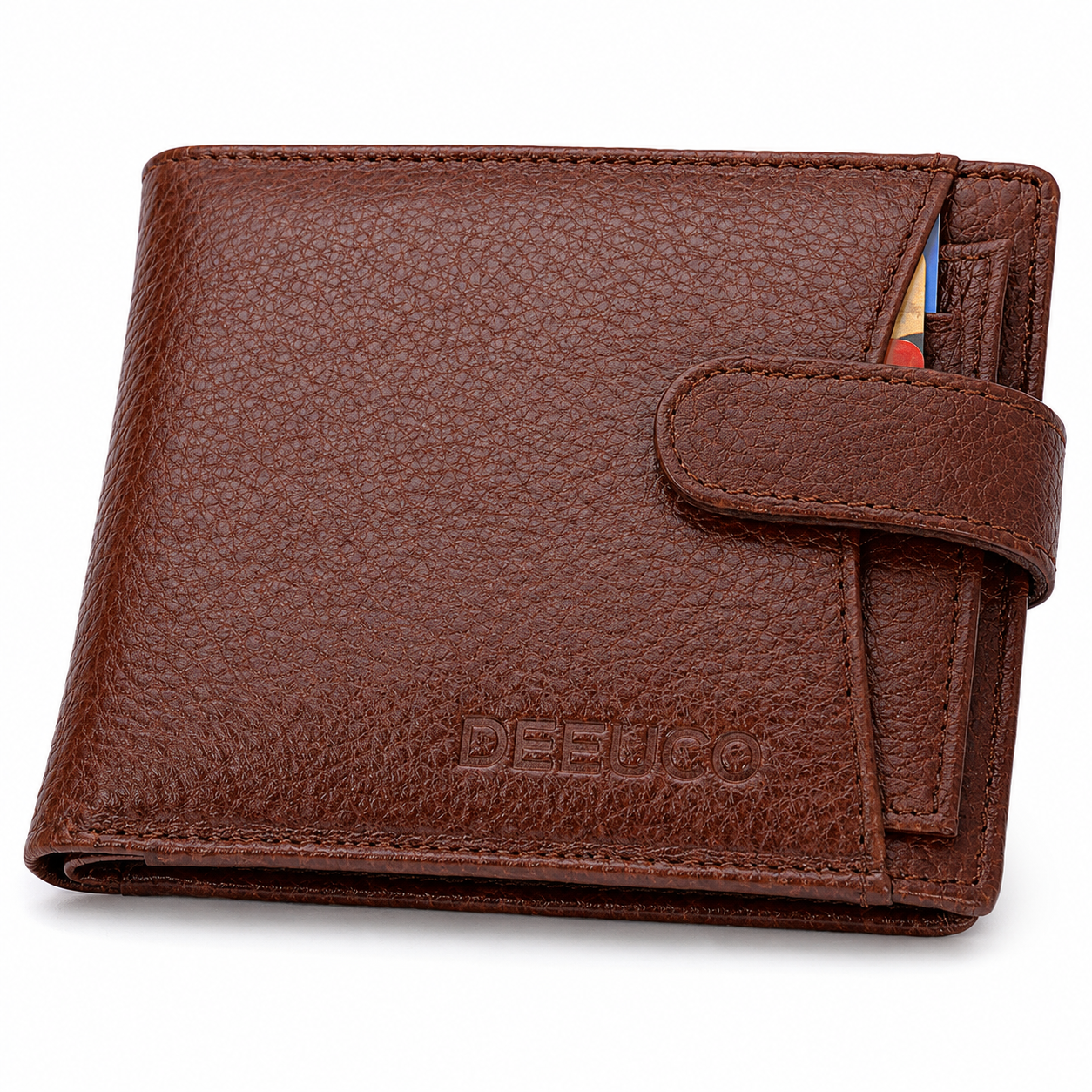 DEEUCO Men's Premium Brown Leather Wallet: Secure Button Strap, 6-Card Storage & Smart Coin Pocket.