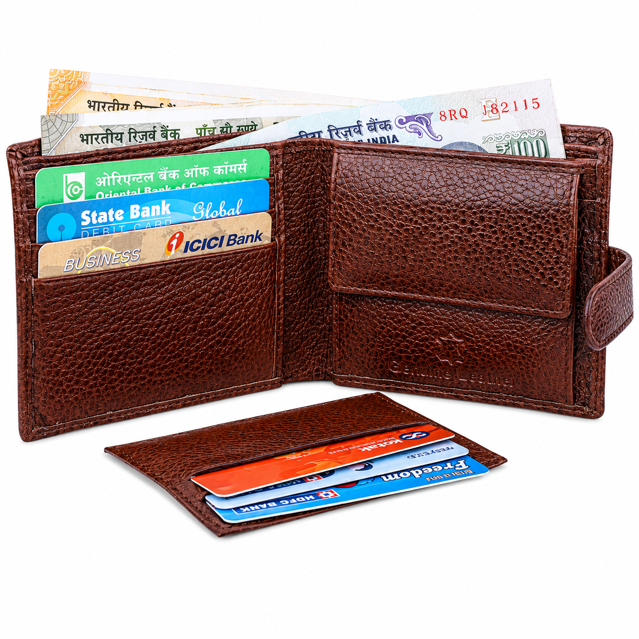 DEEUCO Men's Premium Brown Leather Wallet: Secure Button Strap, 6-Card Storage & Smart Coin Pocket.