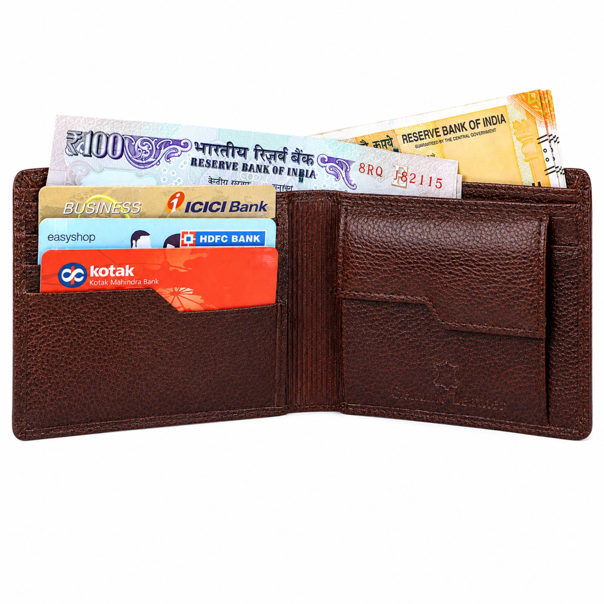 Deeuco men's dark brown genuine leather bifold wallet holding Indian rupee notes and bank cards