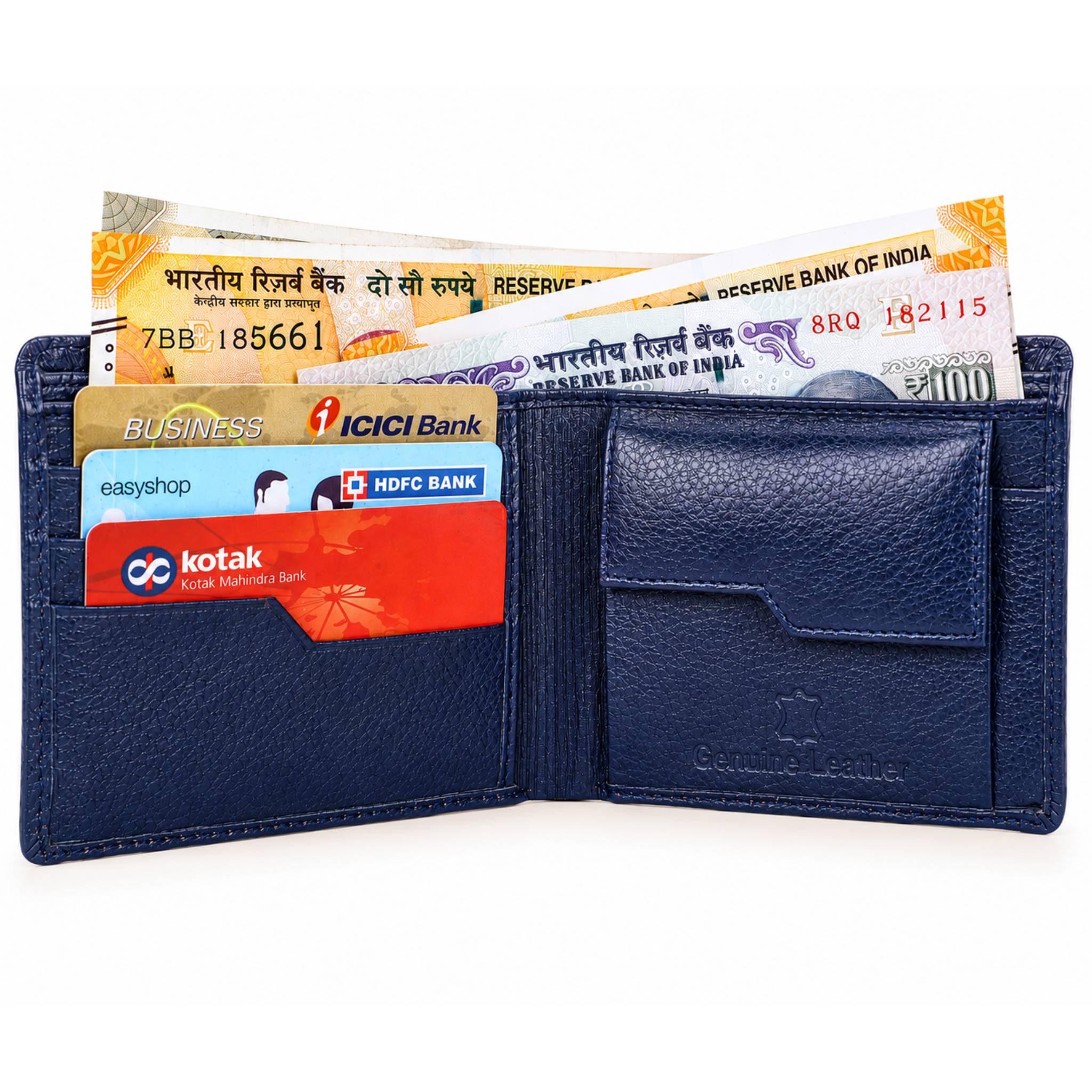 Deeuco men's navy blue genuine leather bifold wallet holding Indian rupee notes and credit cards