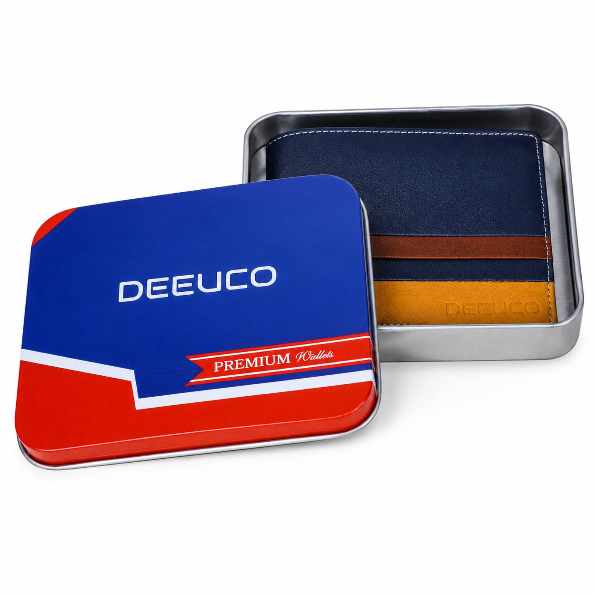 Deeuco premium navy blue leather wallet for men featuring tan, brown, and yellow stripes inside a metallic gift tin box