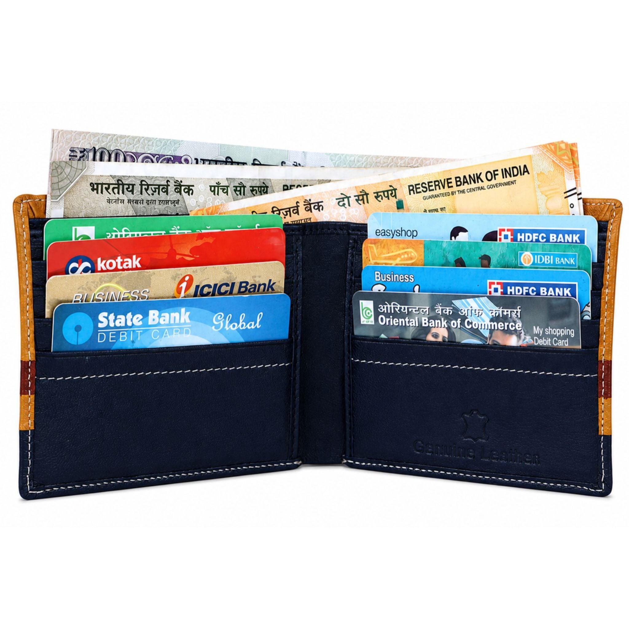 Inside card slots and cash compartments of Deeuco mens colorblock leather bifold wallet