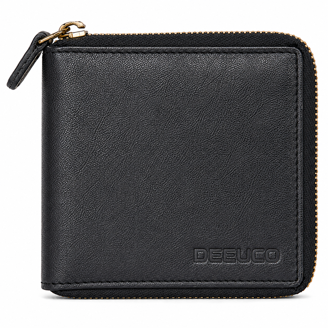 Open black leather bifold zipper wallet showing Indian Rupee currency and various debit cards in slots.