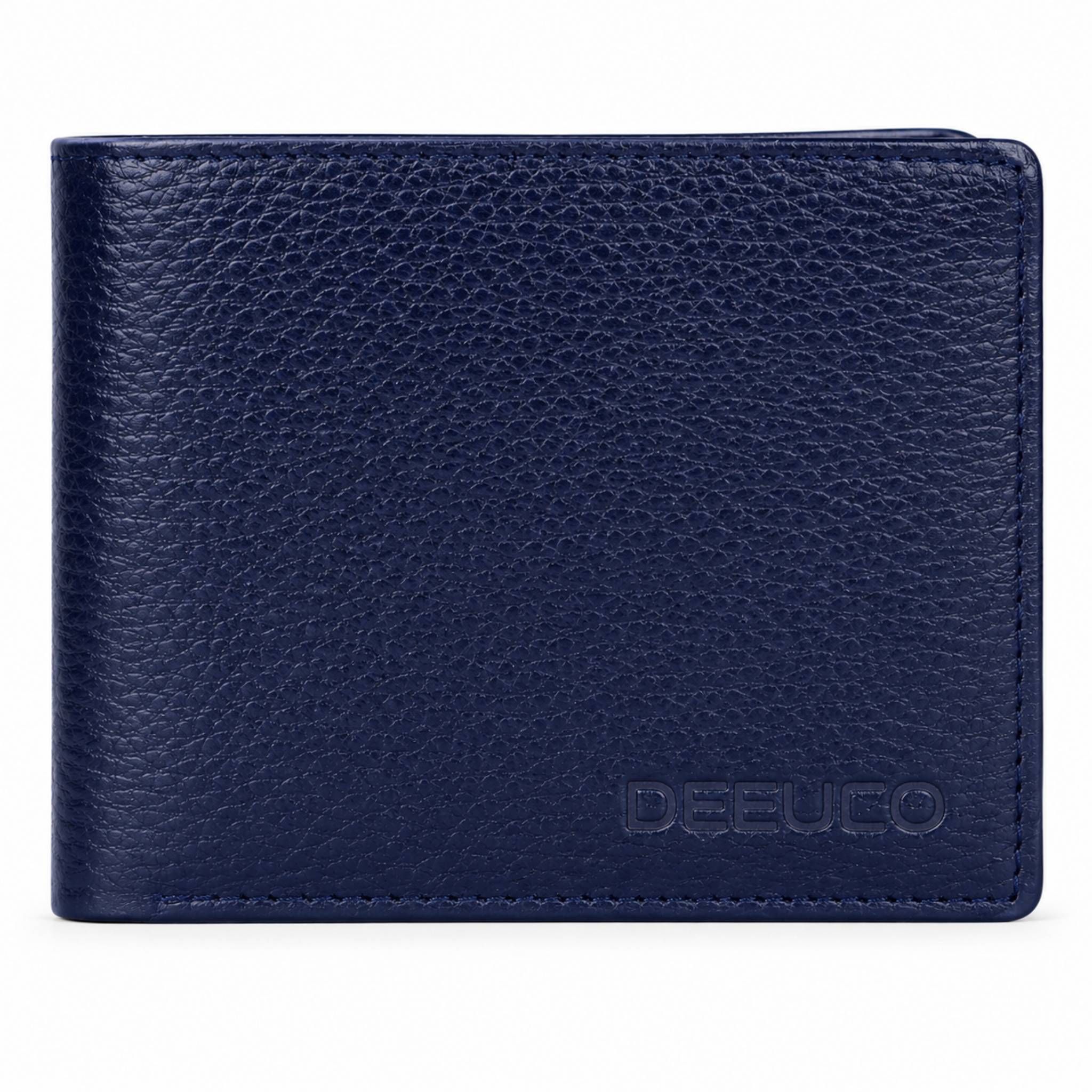 Open blue genuine leather bifold wallet for gents with neat stitching and embossed leather mark