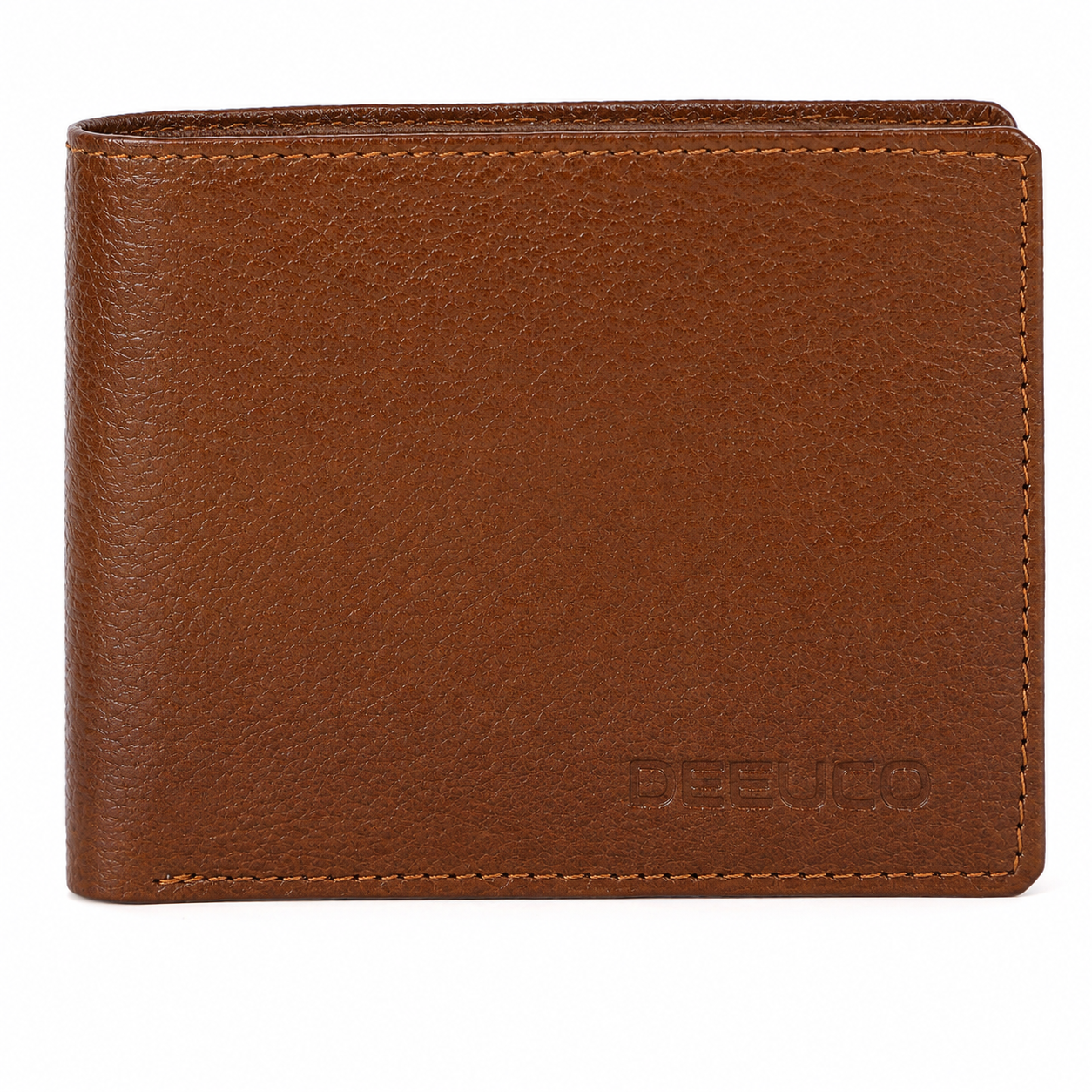 Closed classic tan pebbled leather men's wallet showcasing durable perimeter stitching and a slim pocket design.