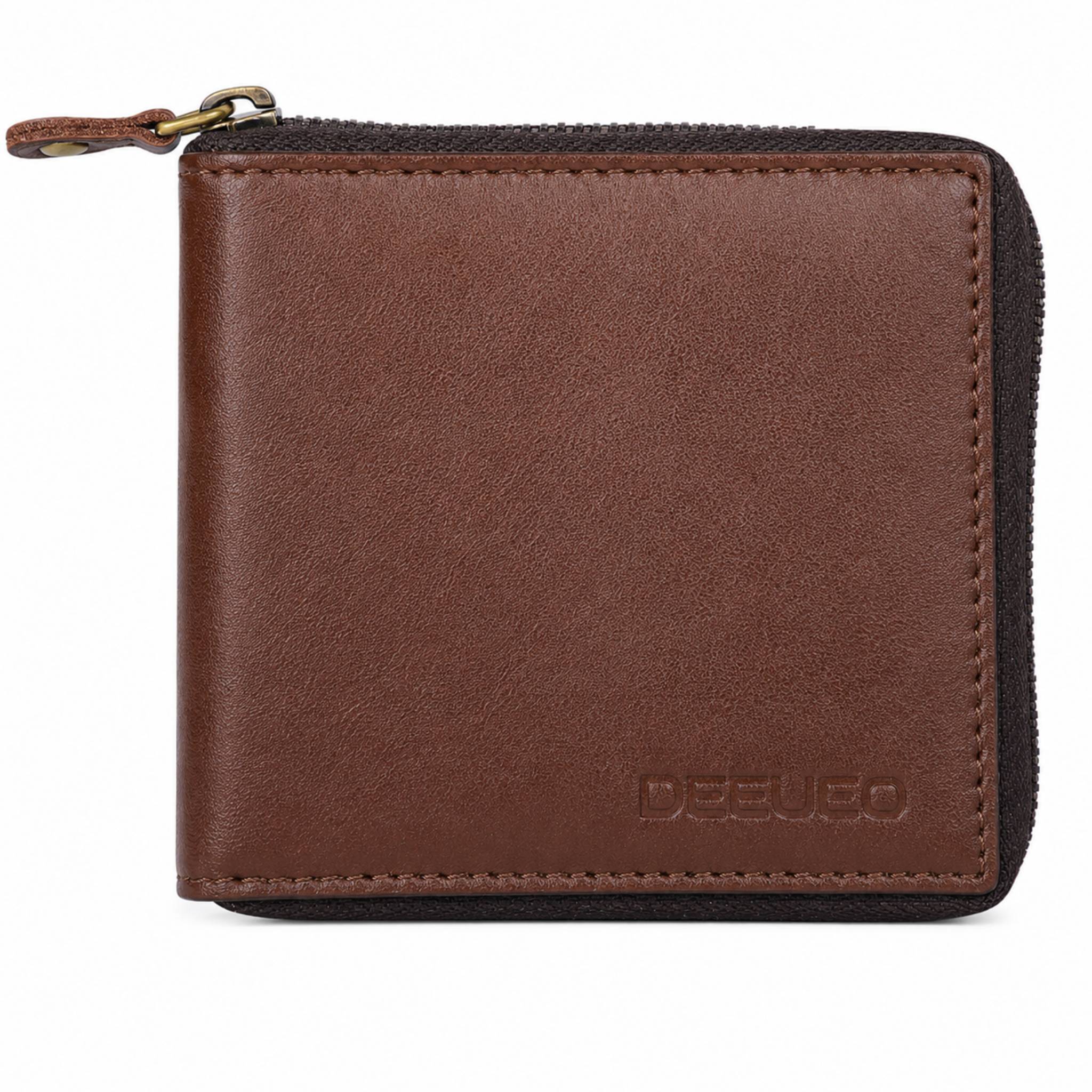 Premium dark brown textured leather bifold wallet for men displayed on a wooden desk