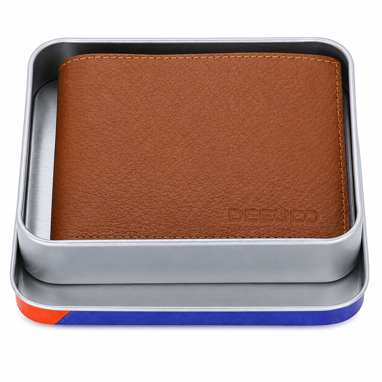 Top-down view of the dual cash slots lined with premium fabric inside an open tan leather wallet.