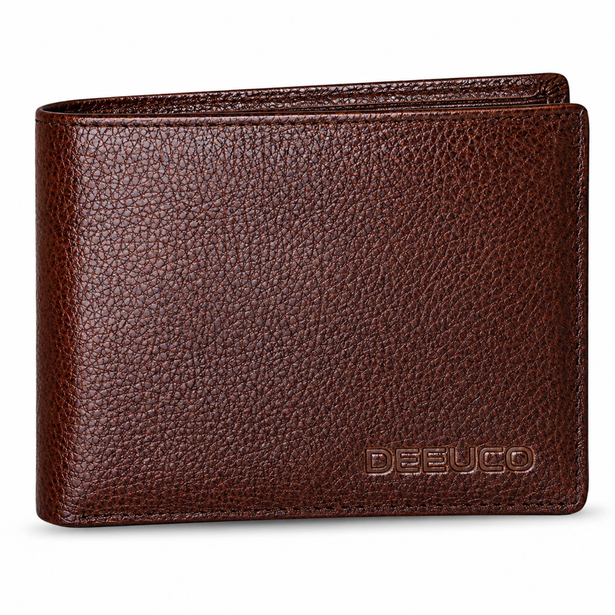 Interior view of a textured brown leather wallet for men displaying credit card slots and a coin pocket