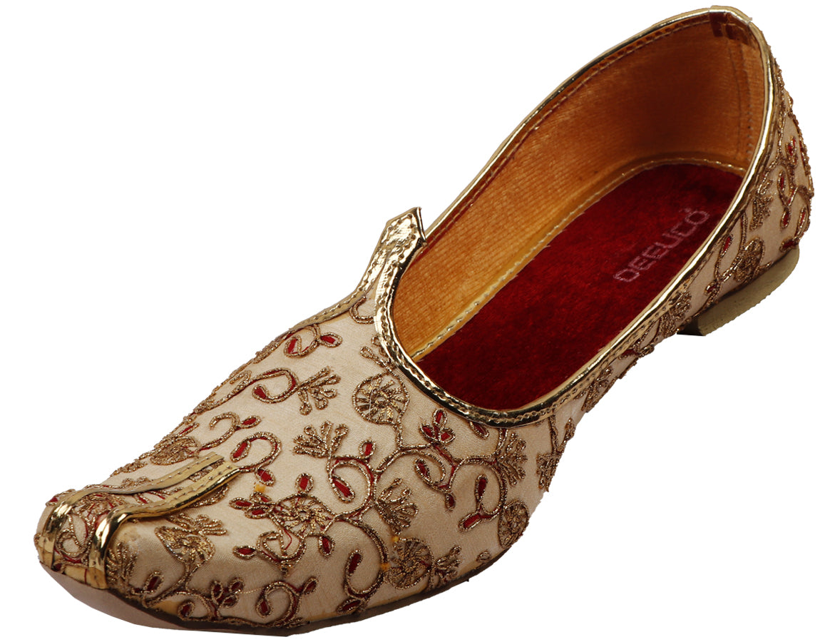 DEEUCO Men's Ethnic Golden and Maroon Embroidery Design Wedding,Party and Sherwani Jutti,Mojari