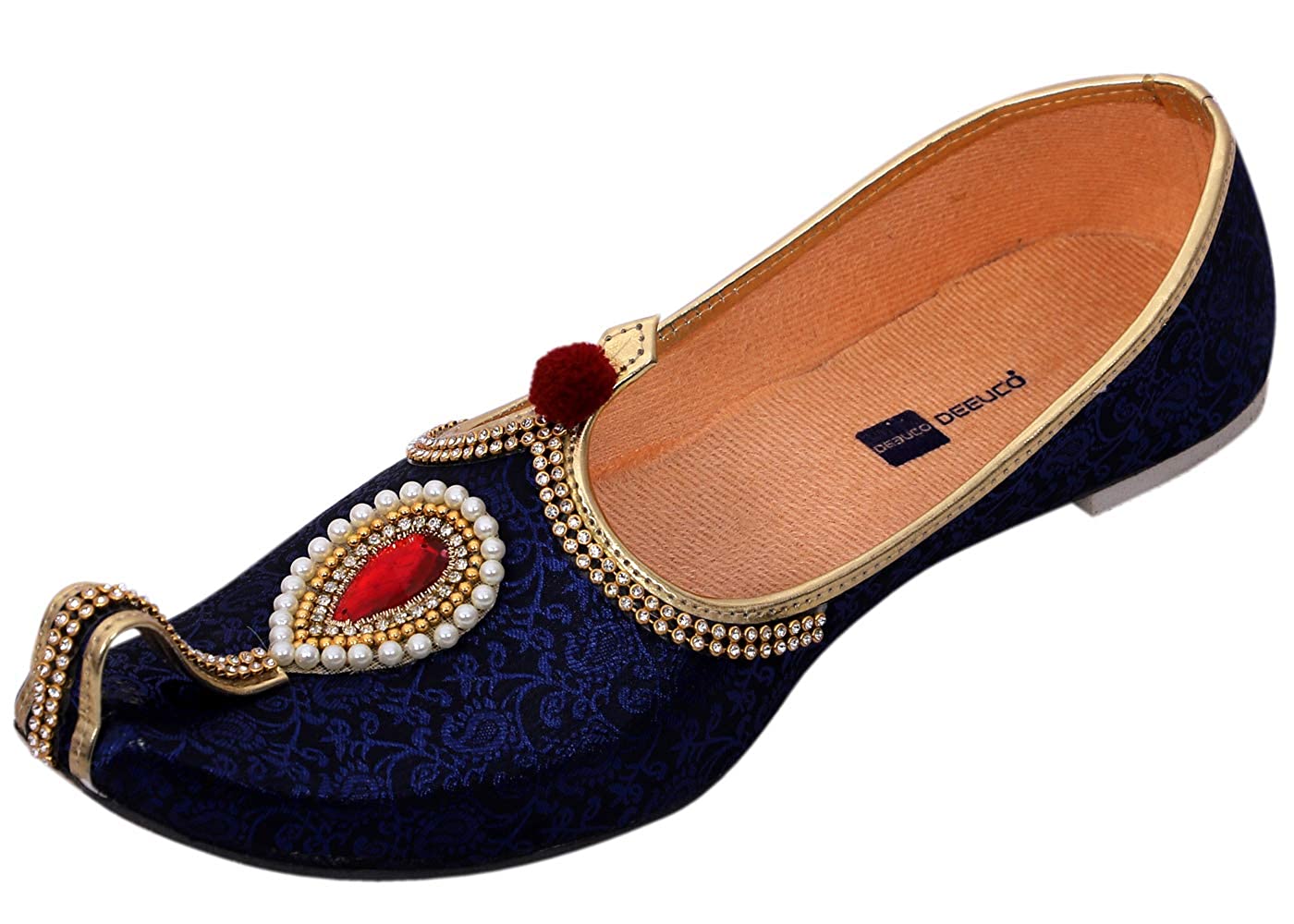 DEEUCO Men's Traditional Stone Studded Fabric Wedding and Sherwani Jutti,Mojari