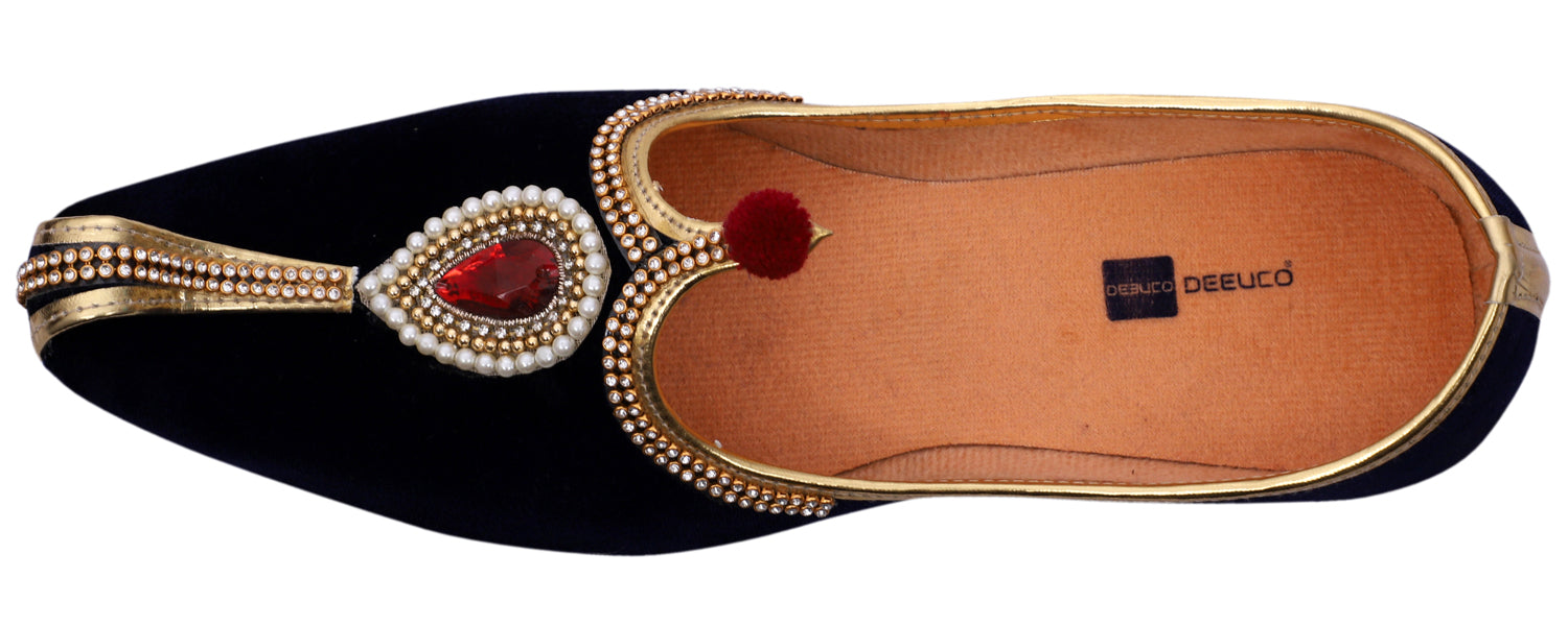 DEEUCO Men's Ethnic Balck Velvet Wedding and Sherwani Jutti, Mojari