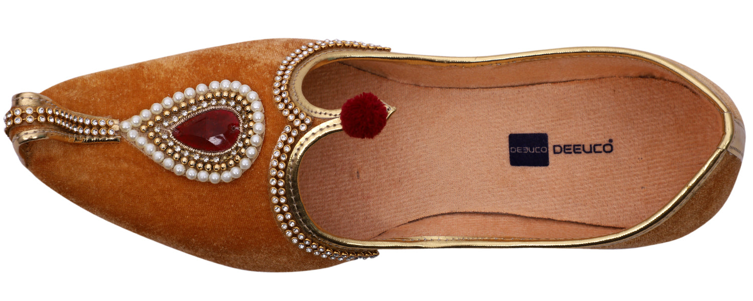 DEEUCO Men's Ethnic Orange Velvet Wedding and Sherwani Jutti, Mojari