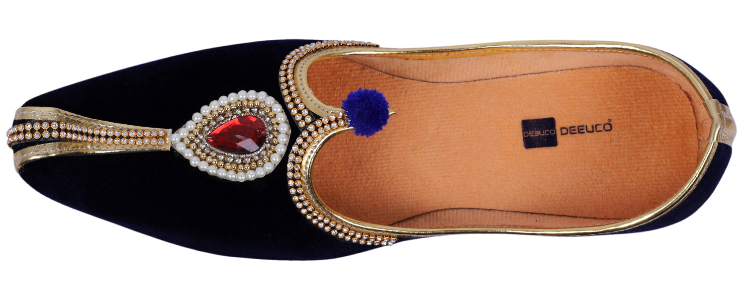 DEEUCO Men's Ethnic Navy Blue Velvet Wedding and Sherwani Jutti, Mojari