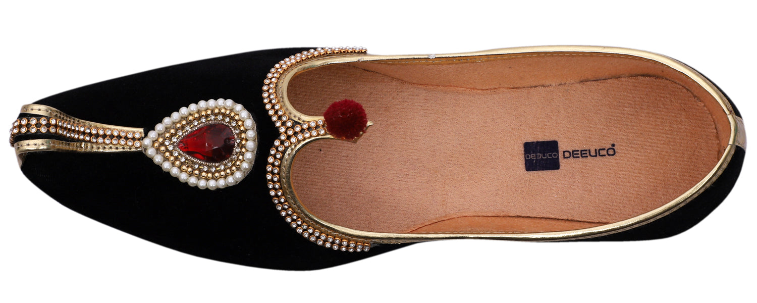 DEEUCO Men's Ethnic Black Velvet Wedding and Sherwani Jutti, Mojari