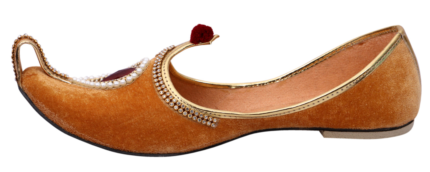 DEEUCO Men's Ethnic Orange Velvet Wedding and Sherwani Jutti, Mojari