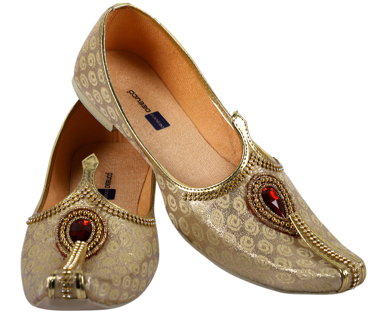 DEEUCO Men's Ethnic Golden with Maroon Stone Design Wedding and Sherwani Jutti,Mojari