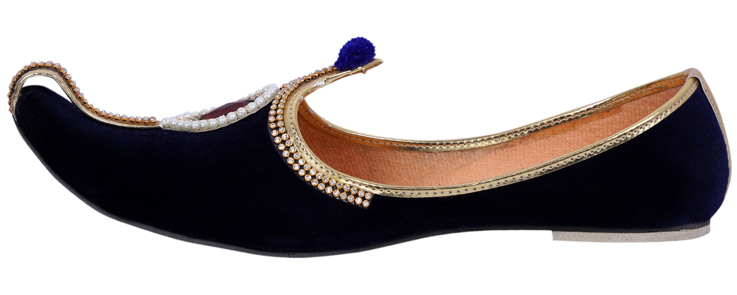 DEEUCO Men's Ethnic Navy Blue Velvet Wedding and Sherwani Jutti, Mojari