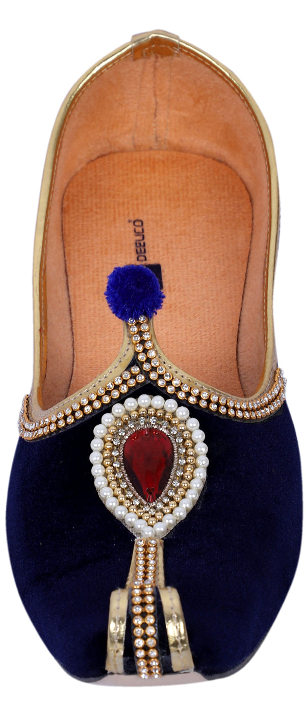 DEEUCO Men's Ethnic Navy Blue Velvet Wedding and Sherwani Jutti, Mojari