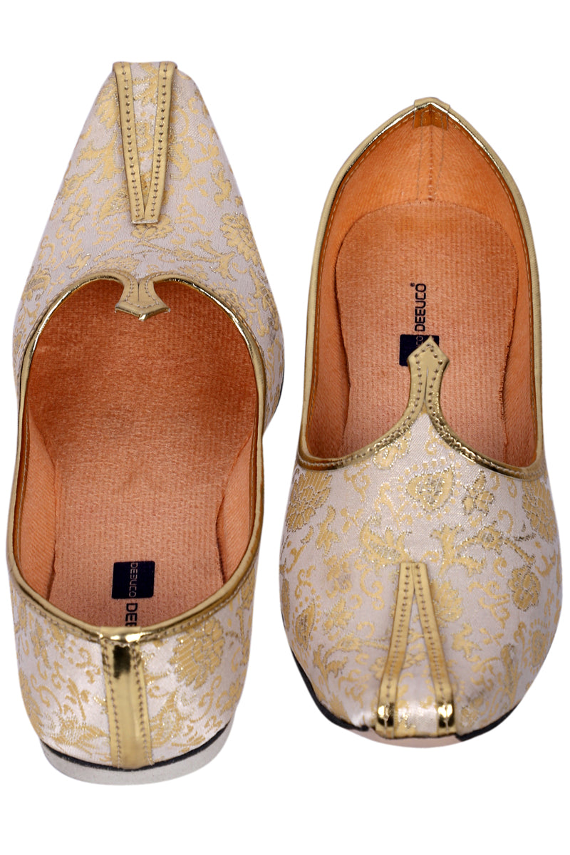 DEEUCO Men's Ethnic Cream N Golden Wedding and Sherwani Jutti, Mojari
