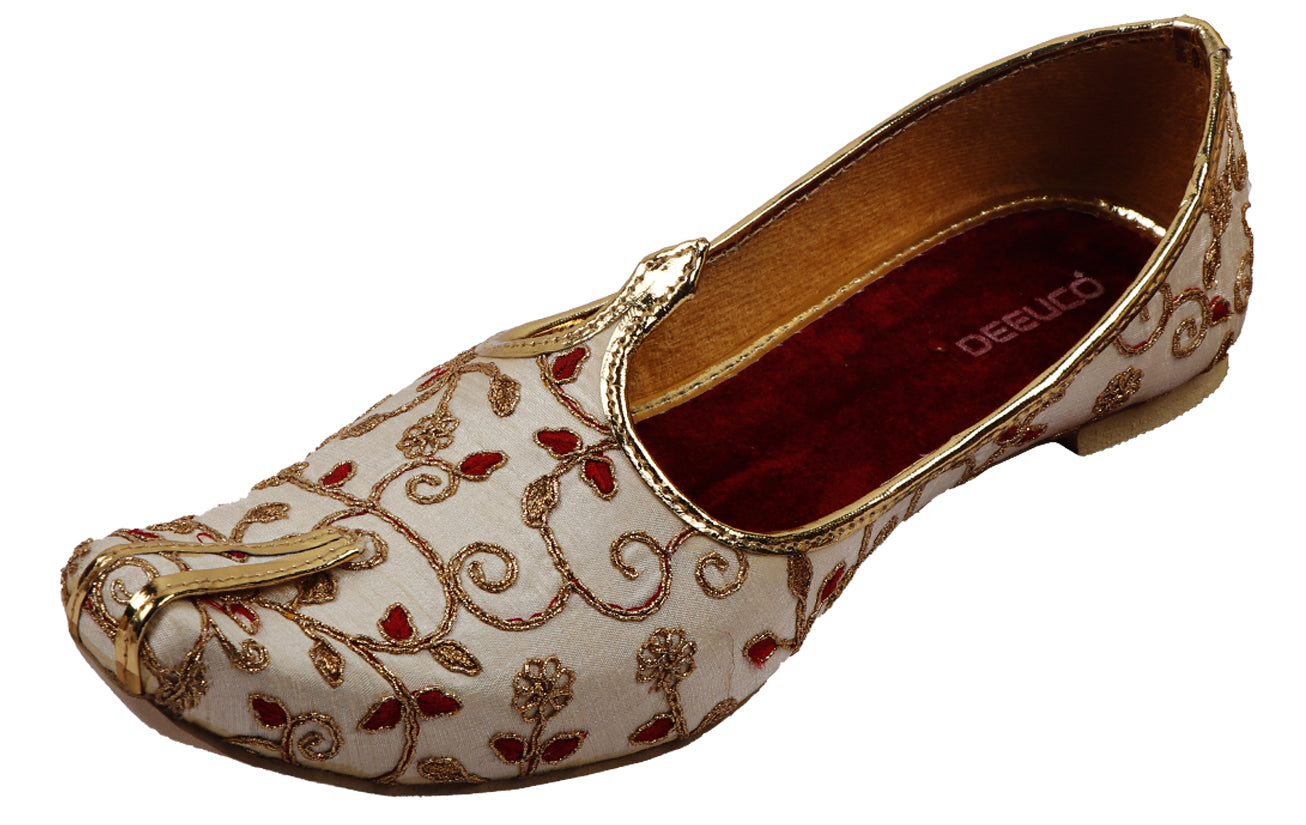 DEEUCO Men's Traditional Cream Embroidery Design Wedding and Sherwani Jutti,Mojari