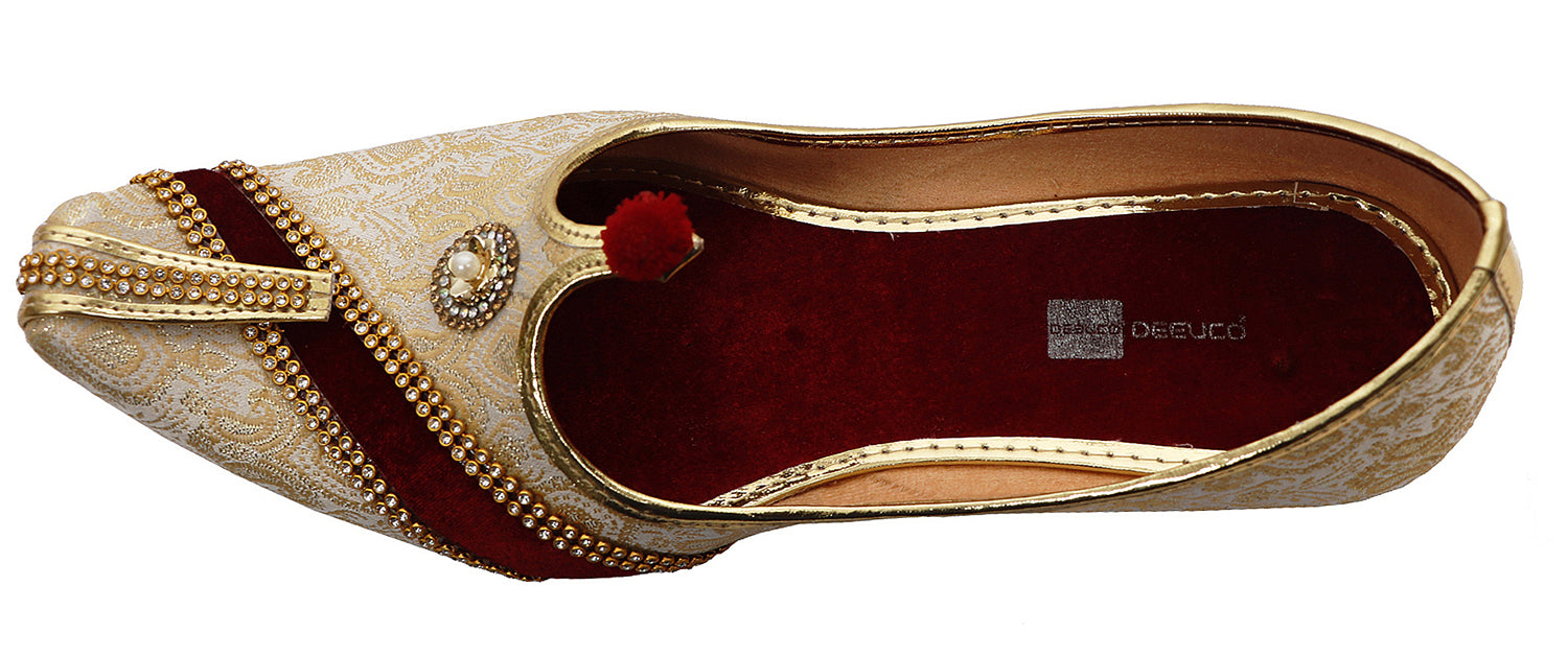 DEEUCO Men's Ethnic Golden and Maroon Wedding and Sherwani Jutti, Mojari