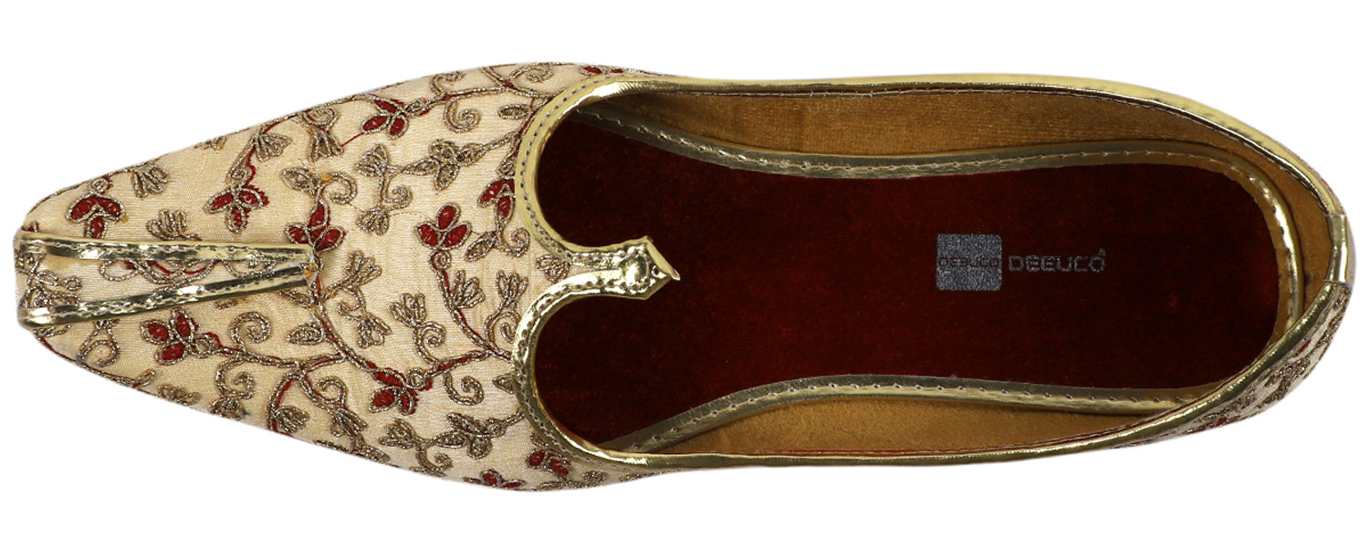 DEEUCO Men's Golden and Maroon Embroidery Design Wedding and Sherwani Jutti,Mojari