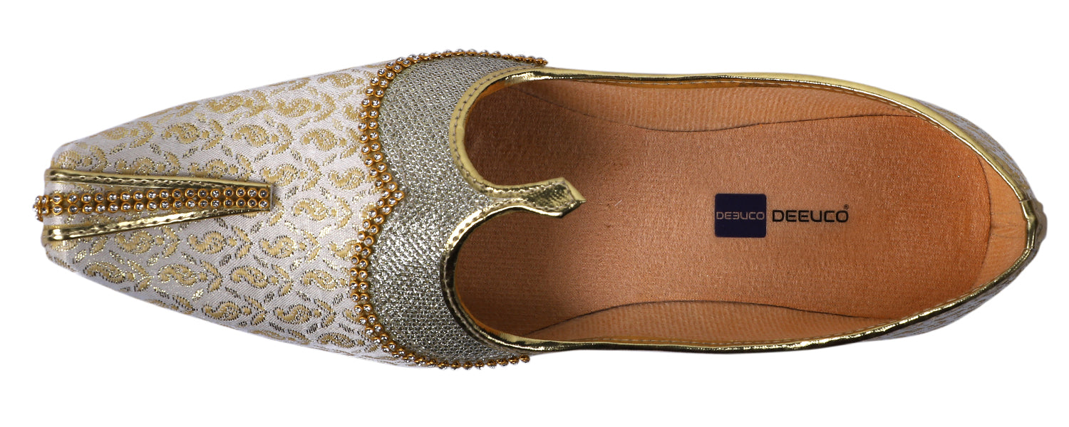 DEEUCO Men's Traditional Golden and Cream Wedding and Sherwani Jutti,Mojari