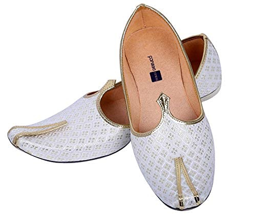 DEEUCO Men's Ethnic Juti/Mojari for Wedding and Party Occasions (White and Golden)