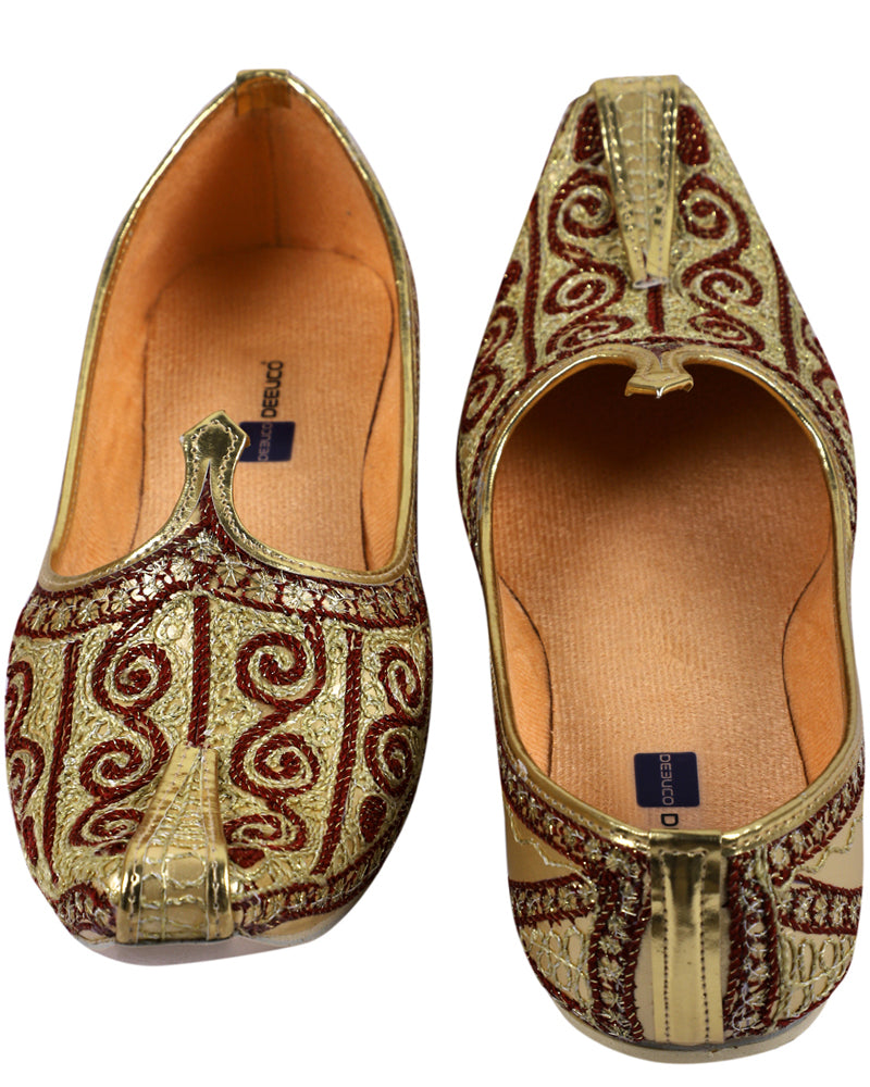 DEEUCO Men's Ethnic Golden and Maroon Embroidery Design Wedding and Sherwani Jutti,Mojari