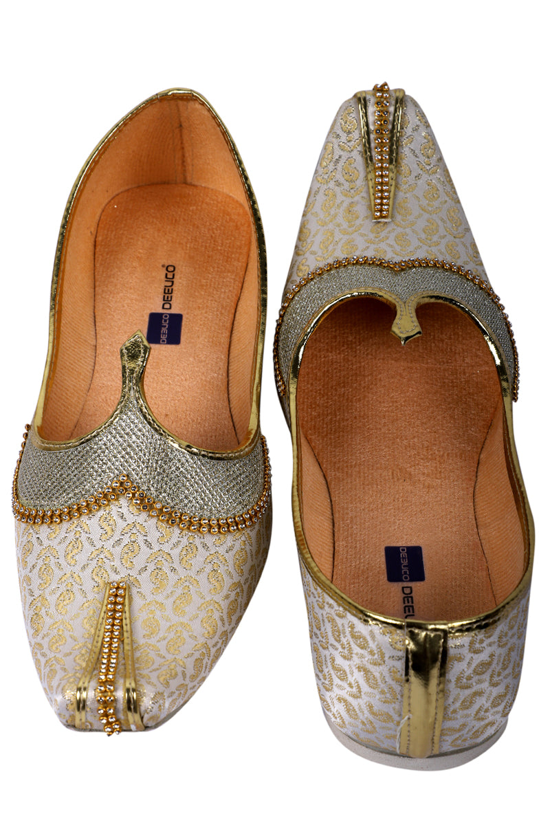 DEEUCO Men's Traditional Golden and Cream Wedding and Sherwani Jutti,Mojari