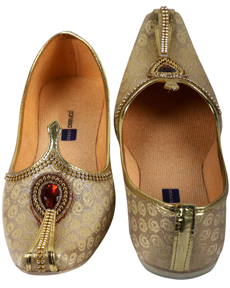 DEEUCO Men's Ethnic Golden with Maroon Stone Design Wedding and Sherwani Jutti,Mojari