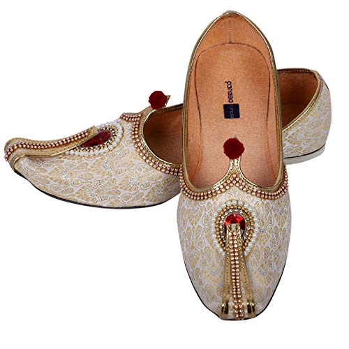 DEEUCO Men's Traditional Wedding and Sherwani Jutti/Mojari (Cream and Red)