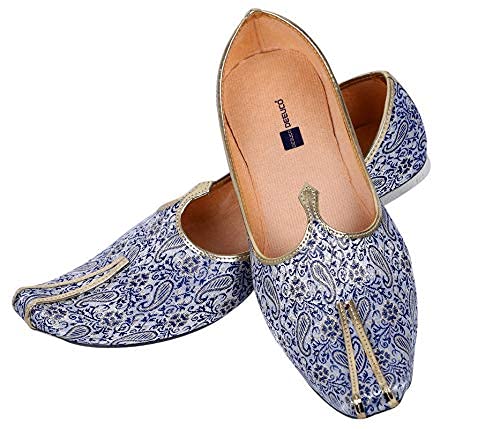 DEEUCO Men's Ethnic Juti, Mojari for Wedding and Party Occasions (Blue and Golden)