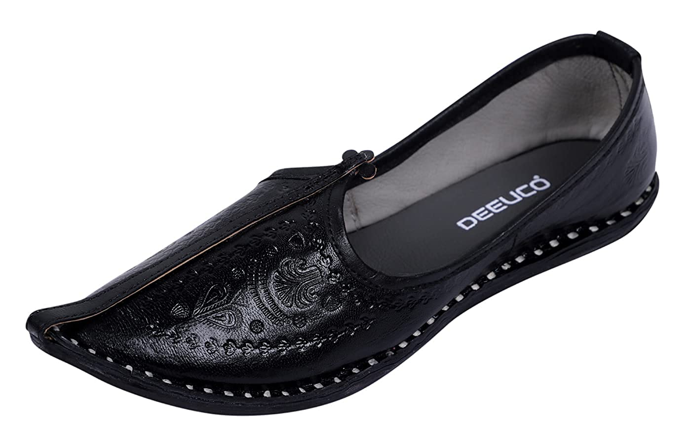 DEEUCO Men's Ethnic Rajasthani Black Leather Juttis, Mojaris and Party Shoes
