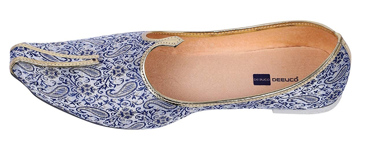 DEEUCO Men's Ethnic Juti, Mojari for Wedding and Party Occasions (Blue and Golden)