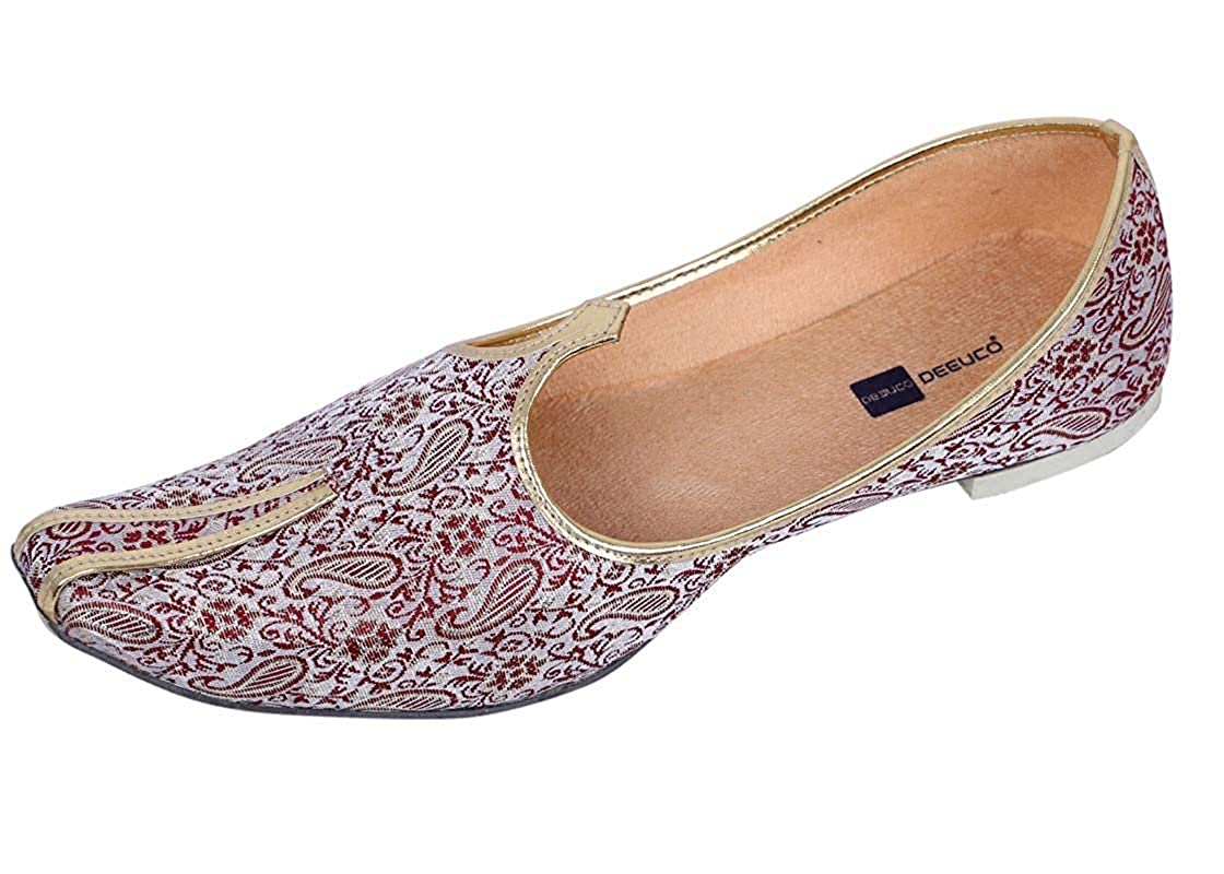 DEEUCO Men's White and Maroon Traditional Wedding and Party Jutti, Mojari