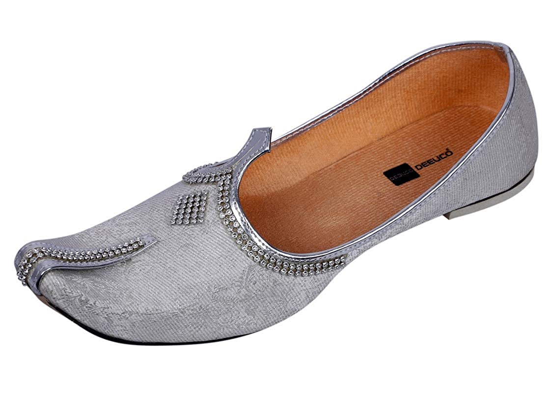 DEEUCO Men's Traditional Wedding and Sherwani Jutti/Mojari with Work (Silver)