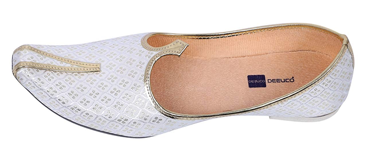 DEEUCO Men's Ethnic Juti/Mojari for Wedding and Party Occasions (White and Golden)