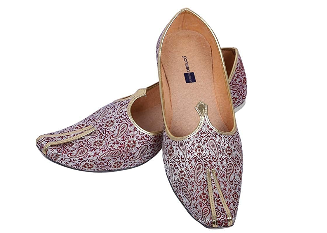 DEEUCO Men's White and Maroon Traditional Wedding and Party Jutti, Mojari