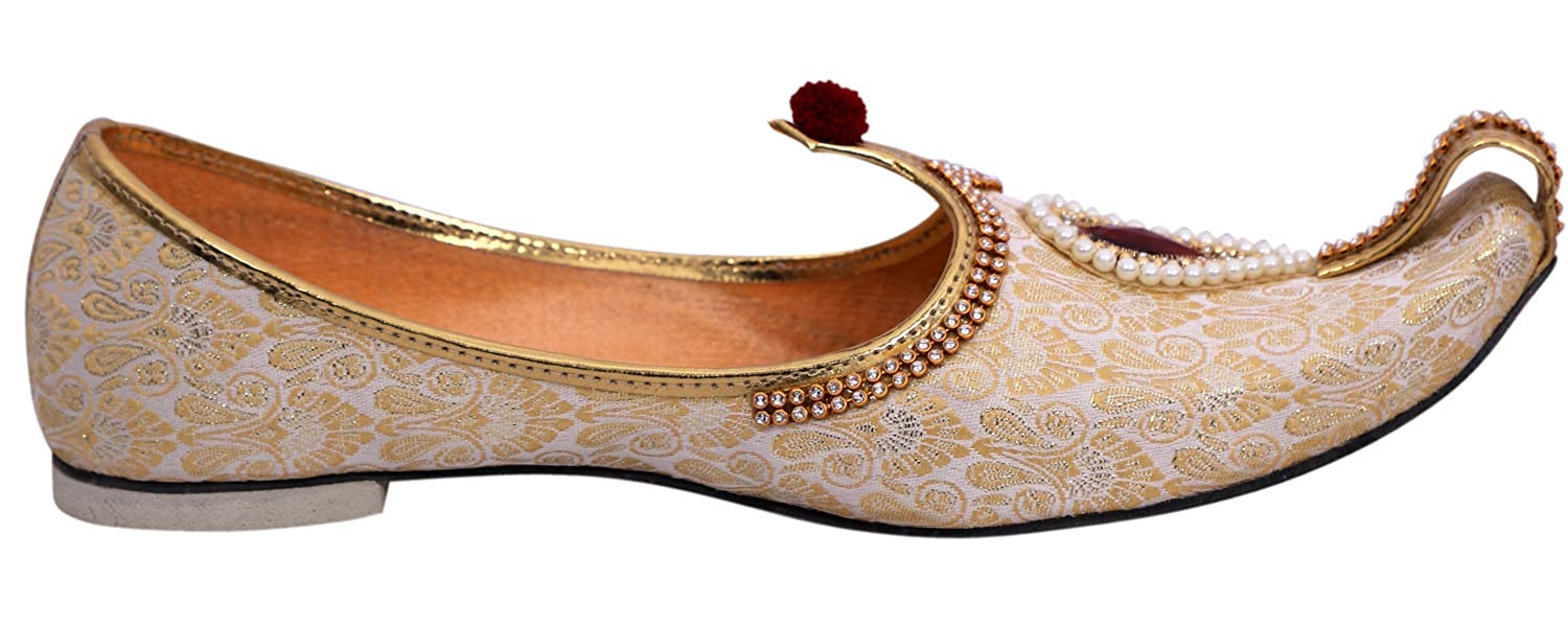 DEEUCO Men's Traditional Premium Cream and Golden Wedding and Sherwani Jutti (Mojari)