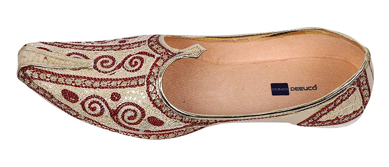 DEEUCO Men's Ethnic Embroided Juti/Mojari for Wedding and Party Occasions (Beige and red)