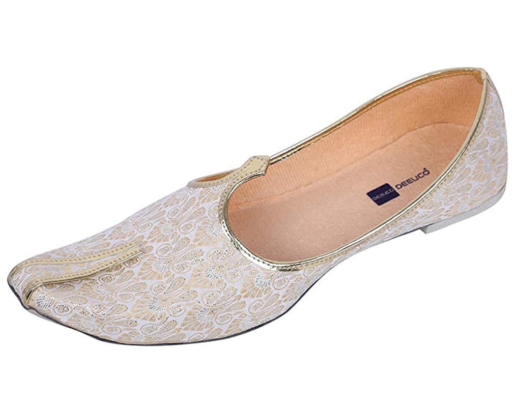 DEEUCO Men's Traditional Wedding and Sherwani Jutti,Mojari (Cream and Golden)