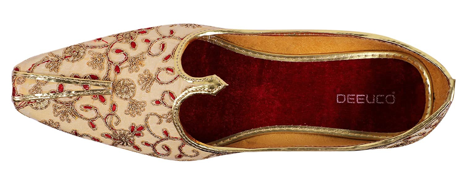 DEEUCO Men's Traditional Designer Embroidery Golden Wedding and Sherwani Jutti, Mojari