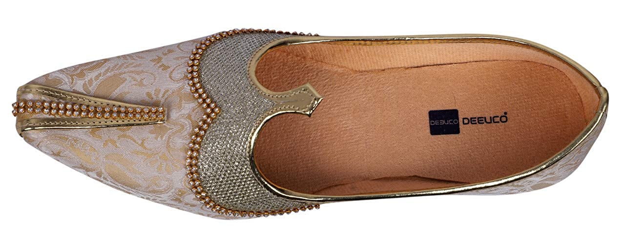 DEEUCO Men's Traditional Wedding and Sherwani Jutti/Mojari with Work (Cream and Golden)