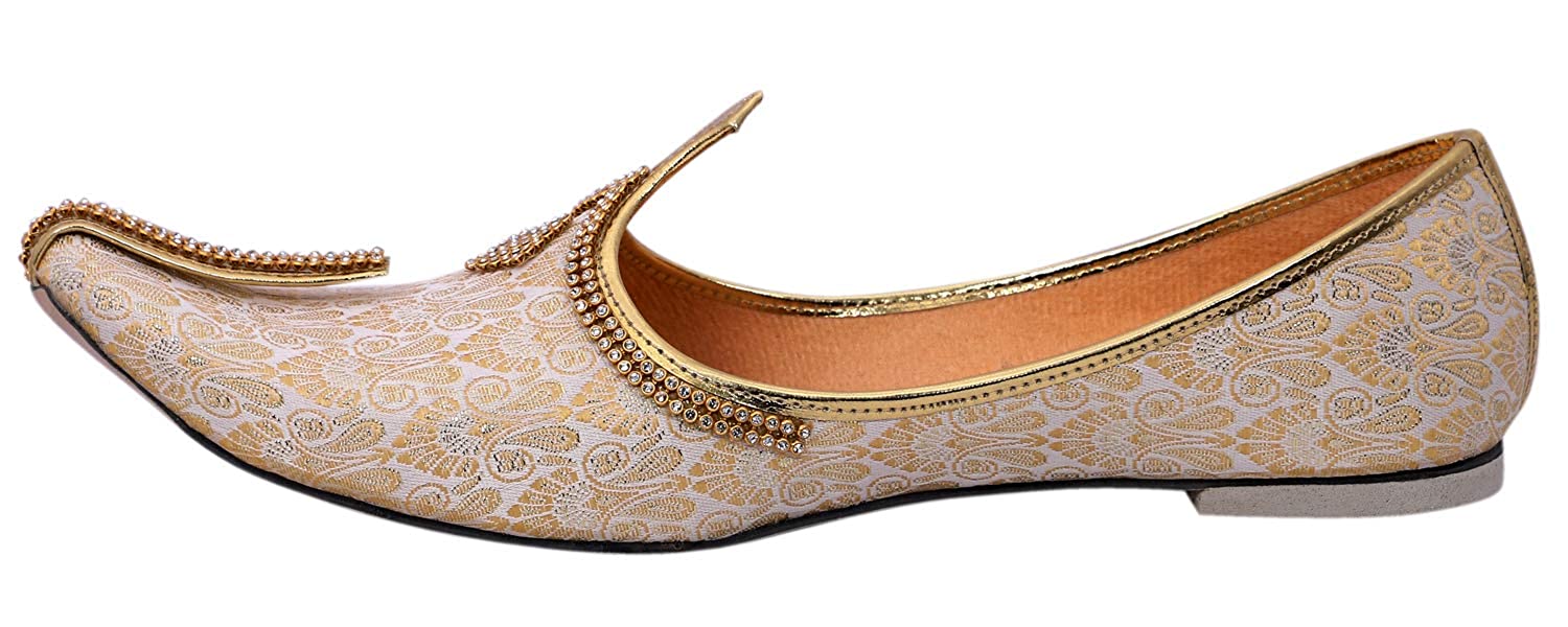 DEEUCO Men's Traditional Premium Cream and Golden Wedding and Sherwani Jutti (Mojari)