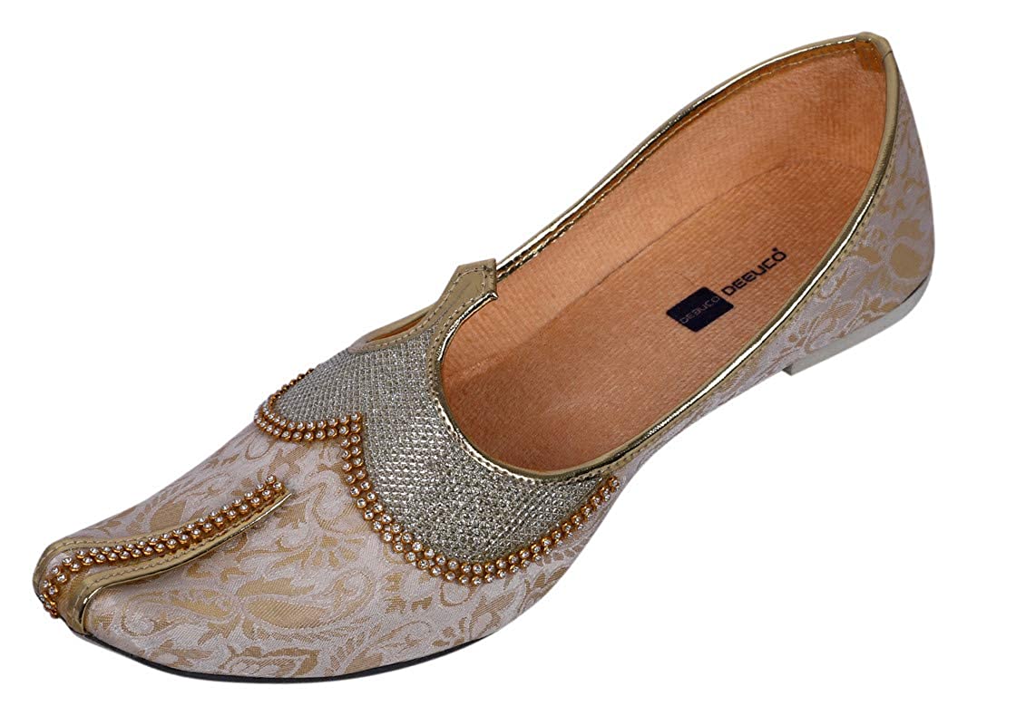 DEEUCO Men's Traditional Wedding and Sherwani Jutti/Mojari with Work (Cream and Golden)