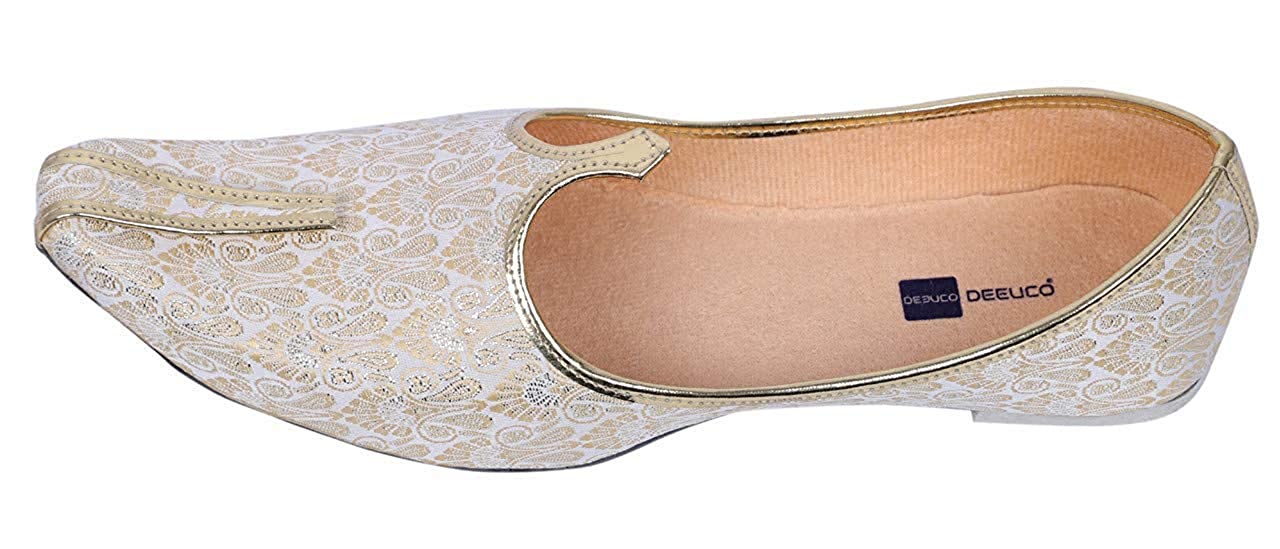 DEEUCO Men's Traditional Wedding and Sherwani Jutti,Mojari (Cream and Golden)