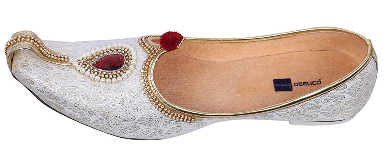 DEEUCO Men's Traditional Stone Studded Fabric Wedding and Sherwani Jutti,Mojari